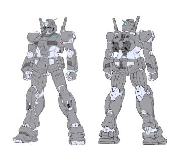 alternate_color energy_sword front_and_back gundam head_vulcanguns highres holding holding_weapon humanoid_robot machinery mecha mecha_focus mechanical_arms mechanical_hands mechanical_legs mobile_suit mobile_suit_gundam no_humans original redesign robot rx-78-2_gundam science_fiction simple_background standing sword takaba_akinori thrusters twitter_username watermark weapon white_background