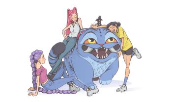 3girls animal animal_hug bare_shoulders black_hair black_shorts blue_pants blue_socks braid brown_eyes closed_eyes closed_mouth collared_shirt deepoetss demon denim double_bun extra_eyes fangs bad_tag from_side glasses grey_shirt hair_bun hair_up happy hat highres hug jeans kpop_demon_hunters leaning_back leaning_on_animal leaning_to_the_side light_blush light_smile long_braid long_hair looking_down looking_to_the_side looking_up mira_(kpop_demon_hunters) multiple_girls off_shoulder open_mouth pants pink_hair pink_lips purple_hair purple_shirt rumi_(kpop_demon_hunters) shade shadow shirt shoes short_shorts short_sleeves shorts simple_background single_braid sitting sleeveless smile sneakers socks standing standing_on_one_leg tan twintails white_background yellow_shirt zoey_(kpop_demon_hunters)
