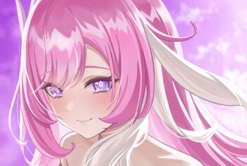 1girl bare_shoulders diamond-shaped_pupils diamond_(shape) elysia_(herrscher_of_human:_ego)_(honkai_impact) elysia_(honkai_impact) honkai_(series) honkai_impact_3rd kurosawa_kuroa long_hair looking_at_viewer multicolored_hair pink_hair portrait purple_eyes purple_sky sky smile solo symbol-shaped_pupils two-tone_hair very_long_hair white_hair
