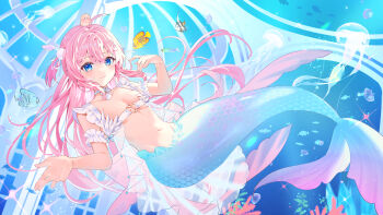 1girl azna breasts bubble closed_mouth collarbone commission highres indie_virtual_youtuber long_hair mermaid monster_girl pink_hair skeb_commission underwater