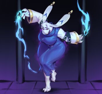 1girl absurdres adapted_costume alternate_costume animal_ear_piercing animal_ears arm_belt aura barefoot belly belt black_belt blue_dress blue_fire body_fur borrowed_design breasts claws curvy dark_aura dress fang fighting_stance fire fireball full_body furry furry_female goat_ears goat_girl goat_horns hands_up highres horns indoors large_breasts long_sleeves looking_at_viewer magic ocorvo_r open_mouth pink_eyes profile pyrokinesis redesign serious skin_fang standing standing_on_one_leg thick_thighs thighs toriel torn_clothes torn_dress turtleneck turtleneck_dress undertale utdr_(toby_fox) v-shaped_eyebrows white_fur white_sleeves wide_hips wide_sleeves