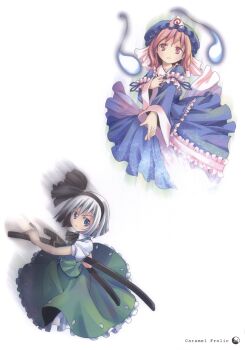 2girls absurdres blue_dress blue_eyes bow dress frills hairband hat highres hitodama katana konpaku_youmu long_sleeves looking_at_viewer mob_cap multiple_girls parted_lips pink_eyes pink_hair pop puffy_sleeves ribbon saigyouji_yuyuko scan shirt short_hair short_sleeves silver_hair simple_background skirt skirt_set sword touhou triangular_headpiece veil vest weapon white_background wide_sleeves