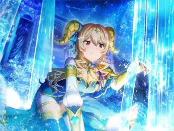 1girl blue_dress breasts brown_hair building capricorn_(constellation) capricorn_(symbol) cleavage closed_mouth dress earrings fake_horns game_cg goat_horns headpiece horns jewelry leaning_forward long_hair long_sleeves looking_at_viewer medium_breasts official_art purple_eyes saijou_claudine shoujo_kageki_revue_starlight shoujo_kageki_revue_starlight_-re_live- solo stairs standing statue upper_body water wavy_hair