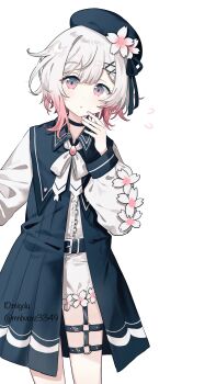 Rule 34 | 1girl, :o, absurdres, artist name, belt, belt buckle, beret, black belt, black choker, black dress, black hat, black ribbon, bow, bowtie, brooch, buckle, center frills, choker, collared dress, commentary, cowboy shot, dress, flower, frilled shirt, frills, gradient eyes, gradient hair, grey eyes, hair ornament, hand to own mouth, hand up, hat, hat flower, highres, jewelry, long sleeves, looking at viewer, mahou shoujo no majo saiban, medium hair, migolu, multicolored eyes, multicolored hair, o-ring, o-ring thigh strap, open mouth, petite, pink eyes, puffy long sleeves, puffy sleeves, red hair, ribbon, sakuraba ema, shirt, shorts, simple background, solo, standing, thigh strap, transparent background, twitter username, watermark, white bow, white bowtie, white flower, white hair, white shirt, white shorts, x hair ornament