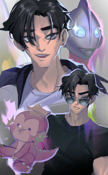 1girl absurdres black_hair black_shirt broad_shoulders commentary covered_pectorals ear_piercing earrings emi_(ultraman:_rising) highres jewelry kaiju lywitart male_chest pectorals piercing sato_kenji shirt short_hair short_sleeves spanish_commentary ultra_series ultraman ultraman:_rising ultraman_(ultraman:_rising) white_shirt