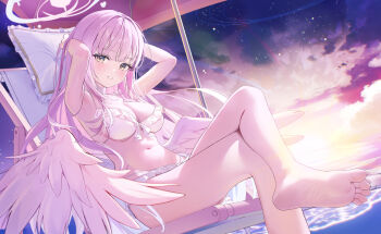 1girl absurdres angel_wings armpits arms_up bare_legs bare_shoulders barefoot beach bikini blue_archive blush breasts chiu538 cloud collarbone commentary_request dusk feathered_wings feet frilled_bikini frills gradient_sky halo highres large_breasts legs long_hair looking_at_viewer low_wings lying mika_(blue_archive) mika_(swimsuit)_(blue_archive) navel official_alternate_costume orange_sky outdoors pink_hair pink_halo purple_eyes sitting sky smile soles solo star_(sky) starry_sky stomach sunset swimsuit thighs very_long_hair water white_bikini white_wings wings