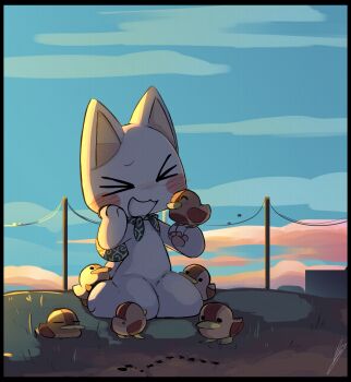 >_< 1boy :3 animal animal_ears animal_hands ant baby_animal bird black_border blush_stickers border bug cat_boy cat_ears cat_tail chibikemo cloud commentary dirt doko_demo_issyo duck duckling english_commentary full_body furry furry_and_animal furry_male green_bag hand_on_own_face highres inoue_toro insect male_focus open_mouth outdoors pawpads power_lines sitting sky smile solo tail wariza white_fur wolfaroon