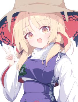 1girl absurdres blonde_hair brown_hair commentary darumoon hair_ribbon hat highres looking_at_viewer moriya_suwako open_mouth purple_skirt ribbon shirt sidelocks simple_background skirt solo touhou v white_background white_shirt wide_sleeves