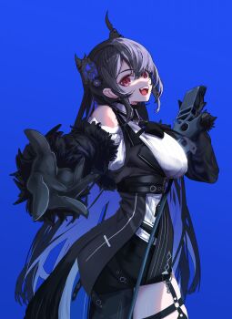1girl absurdres asymmetrical_horns bare_shoulders black_hair blue_background blue_hair breasts clothing_cutout colored_inner_hair daaku_(koizumi_arata) demon_horns feather-trimmed_jacket flower foreshortening gloves hair_between_eyes hair_ornament highres holding holding_microphone hololive hololive_english horn_flower horns large_breasts long_hair looking_at_viewer microphone microphone_stand mole mole_under_eye multicolored_hair music nerissa_ravencroft nerissa_ravencroft_(1st_costume) open_mouth red_eyes shirt shoulder_cutout simple_background singing smile solo tassel tassel_hair_ornament two-tone_hair uneven_horns virtual_youtuber
