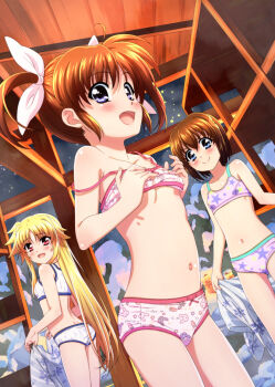 3girls :d blonde_hair blue_eyes blush bow bra brown_hair closed_mouth collarbone dutch_angle fate_testarossa female_focus hair_bow highres loli long_hair lyrical_nanoha mahou_shoujo_lyrical_nanoha miyajima_hitoshi multiple_girls navel open_mouth panties print_panties purple_bra purple_eyes purple_panties red_eyes short_hair smile star_panties star_print straight_hair takamachi_nanoha twintails underwear underwear_only undressing white_bow white_bra white_panties yagami_hayate