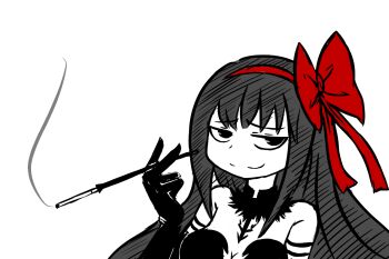 Rule 34 | 1girl, akemi homura, akuma homura, between fingers, bow, breasts, cigarette, cigarette holder, cleavage, closed mouth, commentary, deculture, english commentary, gloves, greyscale, hair bow, hairband, hand up, hatching (texture), holding, linear hatching, long hair, looking at viewer, mahou shoujo madoka magica, mahou shoujo madoka magica: hangyaku no monogatari, monochrome, portrait, red bow, red hairband, sideways glance, smile, smoke, smug, solo, spot color