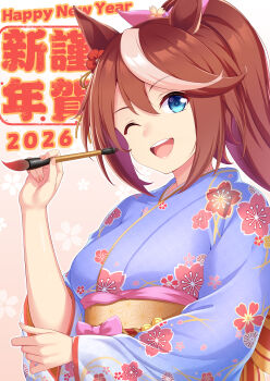 1girl 2026 ;d alternate_costume animal_ears blue_eyes blue_kimono brown_hair commentary english_commentary floral_print floral_print_kimono happy_new_year highres holding holding_paintbrush horse_ears horse_girl japanese_clothes kimono long_hair looking_at_viewer new_year one_eye_closed open_mouth paintbrush ponytail print_kimono smile solo teeth tokai_teio_(umamusume) translation_request umamusume upper_teeth_only yuunagi_(0217)