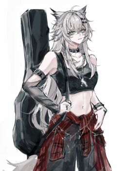 1girl absurdres ahoge animal_ears aqua_eyes arknights arm_belt bare_shoulders belt belt_buckle black_belt black_collar black_pants black_sleeves black_sports_bra buckle chain chain_necklace chinese_commentary clothes_around_waist collar collarbone commentary_request cowboy_shot crop_top crossed_bangs detached_sleeves grey_hair grey_tail hair_between_eyes hair_ornament hairclip highres holding_strap instrument_case jewelry lappland_(arknights) long_hair looking_at_viewer midriff navel necklace pants punk red_shirt ring scar scar_across_eye scar_on_face shirt shirt_around_waist single_detached_sleeve sketch sleeveless smile solo spiked_collar spikes sports_bra standing tail wolf_ears wolf_girl wolf_tail zhishi_mao_tiao