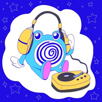 Rule 34 | absurdres, animal focus, blue background, commentary, english commentary, frog, full body, gen 1 pokemon, gloves, guppiesz, headphones, highres, looking at viewer, nintendo, no humans, phonograph, pokemon, pokemon (creature), pokemon focus, pokemon pokopia, poliwhirl, sitting, solo, star (symbol), turntable, white gloves