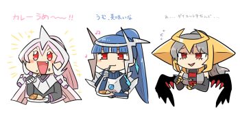 1boy 2girls blue_hair cartier_(kasugai_(de-tteiu)) commentary cupping_hand curry curry_rice deformed dialga dragon eating eve_(kasugai_(de-tteiu)) fake_horns fang food gen_4_pokemon giratina grey_hair high_ponytail holding holding_plate holding_spoon horned_headwear horns kasugai_(de-tteiu) legendary_pokemon maiden_(kasugai_(de-tteiu)) multiple_girls nintendo palkia personification pink_hair plate pokemon pokemon_dppt ponytail red_eyes rice spoon translated upper_body wings