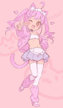 1girl ;d ahoge animal_ear_fluff animal_ears apron blush breasts brown_eyes cat_ears cat_girl cat_tail collarbone commentary fang frilled_apron frills full_body high_heels highres jacket jigatei_(omijin) long_hair long_sleeves looking_at_viewer maid_headdress navel one_eye_closed open_clothes open_jacket open_mouth original pink_background pink_hair pink_jacket pink_shoes pleated_skirt puffy_long_sleeves puffy_sleeves purple_skirt shoes simple_background skirt small_breasts smile solo standing standing_on_one_leg symbol-only_commentary tail thighhighs twintails waist_apron white_apron white_thighhighs