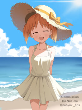 Rule 34 | 1girl, absurdres, arms behind back, azumanga daiou, bare shoulders, beach, blue sky, bow, closed eyes, collarbone, commentary request, commission, dot nose, dress, facing viewer, hat, hat bow, highres, mihama chiyo, naoyuki arts, ocean, open mouth, orange hair, outdoors, sand, short dress, short hair, sidelocks, sky, smile, solo, straw hat, sun, sundress, water, watermark, white dress, yellow bow