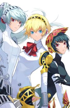 3girls absurdres aigis_(persona) aqua_eyes aqua_hair black_hair blonde_hair bow bowtie check_commentary commentary_request expressionless hairband highres joints korean_commentary labrys_(persona) long_hair looking_at_viewer mechanical_arms mechanical_legs metis_(persona) mnce_o multiple_girls persona persona_3 persona_3_the_answer persona_4:_the_ultimate_in_mayonaka_arena red_bow red_bowtie red_eyes robot_girl robot_joints short_hair simple_background white_background