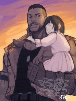 1boy 1girl 5tatsu adoptive_parent_and_adoptive_child barret_wallace black_hair black_shirt brown_gloves brown_hair brown_vest carrying carrying_person closed_eyes closed_mouth commentary_request dark-skinned_male dark_skin dog_tags dress facial_hair final_fantasy final_fantasy_vii final_fantasy_vii_remake fingerless_gloves gloves marlene_wallace open_clothes open_vest outdoors pink_dress shirt short_hair signature sleeping smile sunset upper_body vest watermark