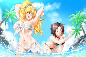 2girls ^_^ armpits ass_smack bandeau bikini black_bikini black_hair blonde_hair blue_sky blush body_blush breasts cameltoe cleavage closed_eyes cloud collarbone day front-tie_bikini_top front-tie_top grin groin highres kimmy77 large_breasts lens_flare linea_alba long_hair looking_at_another looking_back medium_breasts multicolored_hair multiple_girls navel ocean open_mouth outdoors palm_leaf palm_tree purple_eyes red_hair rock ruby_rose rwby shiny_skin short_hair siblings side-tie_bikini_bottom sisters sky smile spanked spanking sparkle standing strapless strapless_bikini streaked_hair surprised swimsuit teeth tongue tree two-tone_hair upper_teeth_only v-shaped_eyebrows water water_drop wet white_bikini yang_xiao_long