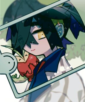 Rule 34 | 1boy, apple, black hair, blueberry academy school uniform, cellphone, cellphone photo, crossed bangs, dipplin, food, fruit, gen 4 pokemon, hairband, hydra, jacket, kieran (pokemon), looking at phone, looking at viewer, male focus, miaivz, mole, mole on neck, multicolored hair, nintendo, on shoulder, open mouth, phone, pokemon, pokemon (creature), pokemon on shoulder, pokemon sv, purple hair, rotom, rotom phone, school uniform, smartphone, smile, stalk eyes, taking picture, two-tone hair, white jacket, worm, wyrm, yellow eyes, yellow hairband