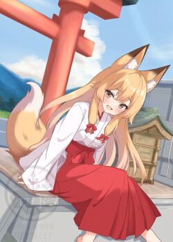 1girl animal_ears barefoot blonde_hair bow cloud cloudy_sky fox_ears fox_tail hair_bow highres japanese_clothes long_hair looking_at_viewer miko mountain multiple_hair_bows original red_skirt rodo_(oekakisyakaijin) shirt shrine sitting skirt sky tail torii white_shirt yellow_eyes
