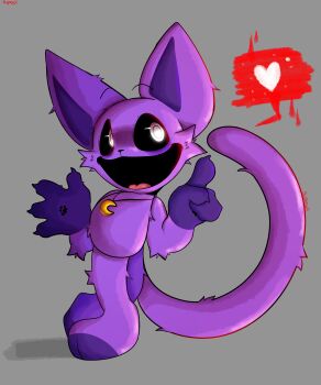 2024 absurdres cat catnap_(poppy_playtime) colored_skin commentary english_commentary fingernails heart highres hollow_eyes jewelry large_ears large_tail necklace poppy_playtime purple_skin sharp_fingernails smile solo speech_bubble tail vitrioo watermark