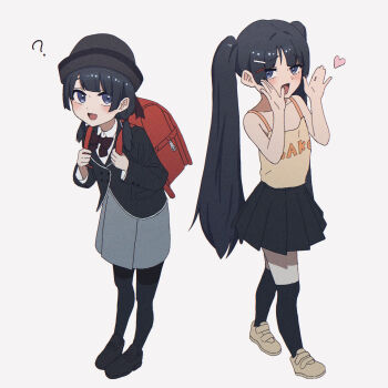 2girls ? aged_down backpack bag black_footwear black_hair black_jacket black_pantyhose black_skirt black_thighhighs blue_eyes blush bow bowler_hat bowtie brown_footwear camisole collared_shirt commentary_request dual_persona fang full_body furrowed_brow grey_skirt hair_ornament hair_over_shoulder hairclip hands_up hat heart highres hikarinohitori holding_strap jacket leaning_forward loli long_hair looking_at_viewer low_twintails mesugaki multiple_girls nijisanji open_mouth orange_camisole over-kneehighs pantyhose pleated_skirt raised_eyebrows randoseru red_bag school_uniform shirt simple_background skirt smile spaghetti_strap standing thighhighs toes_up tsukino_mito tsukino_mito_(young) twintails very_long_hair virtual_youtuber white_background white_shirt