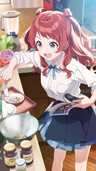 1girl blender_(object) blue_eyes book egg gakuen_idolmaster game_cg hanami_saki high-waist_skirt highres idolmaster neck_ribbon official_art open_mouth pill red_hair ribbon school_uniform shirt skirt solo tomato twintails white_shirt