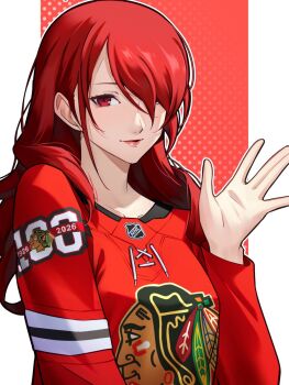 Rule 34 | 1girl, chicago blackhawks, closed mouth, commentary, commission, english commentary, eyelashes, hair over one eye, kirijou mitsuru, logo, looking at viewer, national hockey league, persona, persona 3, print sweater, red background, red eyes, red sweater, smile, solo, sweater, upper body, wanderstillart, waving
