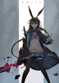 1girl amiya_(arknights) amiya_(guard)_(arknights) animal_ears arknights ascot black_jacket blue_eyes brown_hair closed_mouth hair_between_eyes infection_monitor_(arknights) jacket jewelry kuweichuanxin_jr legs_apart long_hair looking_at_viewer multiple_rings open_clothes open_jacket outstretched_arm pantyhose purple_ascot rabbit_ears rabbit_girl ring shirt solo standing white_shirt