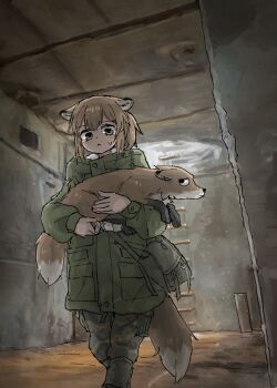 1girl :< absurdres animal animal_ears bag bandaged_leg bandages brown_eyes brown_hair bunker camouflage camouflage_pants fox fox_ears fox_girl fox_girl_(yihan_world) fox_tail green_jacket highres holding holding_animal injury jacket ladder original pants ponytail shoulder_bag sweatdrop tail walking yihan_world