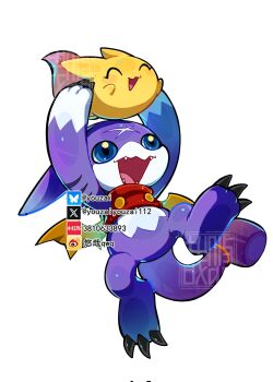 blue_eyes digimon digimon_(creature) dragon fangs full_body gumdramon highres holding pokomon_(digimon) red_vest simple_background vest watermark white_background yellow_wings youzaiyouzai112