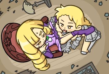 2girls armor blonde_hair blush broken_glass chair cunnilingus curly_hair dress female_focus garter_belt glass helmet kneeling lamp loli long_hair multiple_girls no_panties on_chair oral original plate_armor purple_dress purple_socks pussy pussy_juice pussy_juice_drip pussy_juice_trail reclining socks tongue tongue_out uncensored yellow_eyes yoshikage_(k_hisagi) yuri