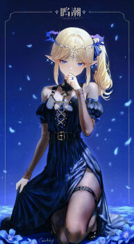 1girl alternate_costume black_pantyhose black_shoes blonde_hair blue_background blue_dress blue_eyes blue_flower blue_petals breasts car1nly cartethyia_(wuthering_waves) commentary crown_of_thorns dress earrings flower hand_up high_heels highres jewelry kneeling logo long_hair looking_at_viewer medium_breasts multiple_earrings pantyhose parody parted_bangs pointy_ears shoes side_ponytail sidelocks signature solo tacet_mark_(wuthering_waves) thigh_strap wuthering_waves