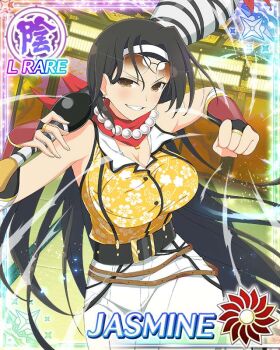 Rule 34 | 1girl, border, breasts, bridal gauntlets, brown eyes, brown hair, card (medium), carrying over shoulder, character name, clenched hand, energy, eyewear on head, floral print shirt, game cg, grin, hairband, holding, holding smoking pipe, incoming attack, incoming punch, indoors, jasmine (senran kagura), jewelry, kiseru, large breasts, looking at viewer, mole, mole above eye, multiple moles, necklace, official art, pants, parted bangs, pearl necklace, punching, red scarf, scarf, senran kagura, senran kagura new wave, shirt, shirt tucked in, short hair, sleeveless, sleeveless shirt, smile, smoking pipe, solo, tatami, very short hair, white hairband, white pants, yellow shirt