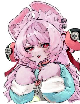 1girl accessories animal_ear_fluff animal_ears blush bright_pupils chinese_clothes clenched_hands commentary_request ear_blush ear_piercing furry furry_female green_shirt hair_intakes long_hair looking_at_viewer medallion noyan_ya o-ring_necktie open_mouth piercing pink_fur pink_hair rabbit_ears rabbit_girl red_eyes screw shirt short_eyebrows simple_background solo teeth thick_eyebrows twintails upper_body upper_teeth_only white_background white_pupils zenless_zone_zero zhao_(zenless_zone_zero)