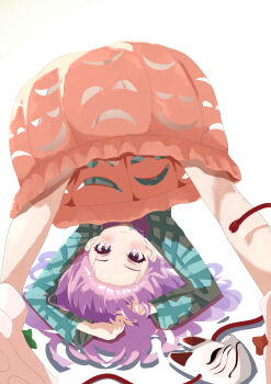 1girl fox_mask green_shirt hata_no_kokoro highres hogihogi3ta looking_at_viewer mask no_panties orange_skirt purple_eyes purple_hair shirt simple_background skirt solo top-down_bottom-up touhou white_background