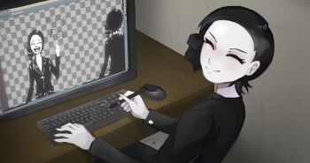 1girl artist_name black_hair blush breasts buttons closed_eyes closed_mouth colored_skin computer computer_keyboard computer_mouse drill_hair drill_ponytail female female_focus formal_clothes greyscale imscared j3str4ss jacket lapel_pin lapels monitor monochrome open_mouth pen restorer_(imscared) smile suit suit_jacket table white_skin