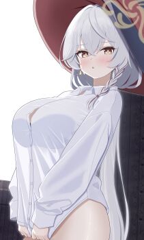 1girl absurdres black_hat blue_archive blush bra_visible_through_clothes braid breasts button_gap buttons collared_shirt commentary crossed_bangs earrings eri_(blue_archive) from_side hair_between_eyes halo hat hat_ribbon highres jewelry large_breasts large_hat long_hair long_sleeves looking_at_viewer low-tied_long_hair multicolored_hair on_ura358 orange_eyes parted_lips red_ribbon red_streaks ribbon see-through_silhouette shirt shirt_tug side_halo simple_background single_braid single_earring solo streaked_hair thighs triangle_earrings two-sided_fabric two-sided_headwear very_long_hair white_background white_shirt wooden_wall yellow_halo