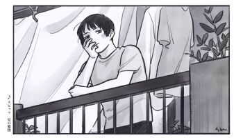 Rule 34 | 1boy, absurdres, axis powers hetalia, balcony, blush, border, clenched hand, closed mouth, curtains, greyscale, hand on own face, hand up, highres, japan (hetalia), leaf, looking at viewer, male focus, mi aph to, monochrome, musical note, plant, shirt, short hair, short sleeves, smile, solo, standing, t-shirt