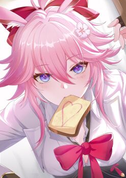 1girl blush bow bread bread_slice breasts celtreny commentary evanescia_(honkai:_star_rail) fingerless_gloves flower food food_in_mouth gloves hair_between_eyes hair_flower hair_ornament highres honkai:_star_rail honkai_(series) long_sleeves looking_at_viewer pink_flower pink_hair purple_eyes red_bow shirt short_hair_with_long_locks solo white_shirt