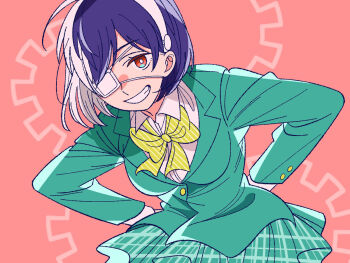 1girl blue_hair bowtie breasts eyepatch gears green_jacket green_skirt hairband hands_on_own_hips jacket looking_at_viewer medium_breasts open_mouth pink_background red_eyes school_uniform shirt short_hair skirt smile solo striped_clothes striped_skirt tsugihagi_fran white_hairband white_shirt witch_watch yellow_bow yellow_bowtie yoshitaka_(palooo)