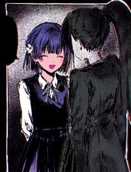 2girls :d ^_^ amaya_tsubame arms_behind_back black_coat black_hair blank_speech_bubble closed_eyes coat cowboy_shot flower gakuen_idolmaster grey_ribbon hair_flower hair_ornament hataya_misuzu hatsuboshi_gakuen_school_uniform high_ponytail highres idolmaster long_sleeves mole mole_under_mouth multiple_girls neck_ribbon open_mouth pleated_skirt ponytail purple_hair purple_vest ribbon school_uniform shirt short_hair skirt smile speech_bubble vest white_flower white_shirt yukitake_(bullfalk)