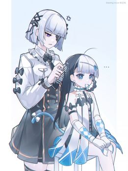 ... 2girls absurdres adjusting_another's_hair ahoge anger_vein artist_name bambinata:_vitrum_(pgr) bambinata_(pgr) bare_legs bare_shoulders black_bow black_bowtie black_hair black_necktie black_skirt blue_background blue_eyes blunt_bangs blunt_ends bob_cut border bow bowtie braid braided_hair_rings breast_pocket brushing_hair chinese_commentary collar collared_shirt comb commentary cyborg detached_collar dress_shirt earrings eyepatch freckles frilled_collar frills gradient_background hair_ornament hair_rings hair_tie hair_tie_in_mouth half-closed_eyes heart heart-shaped_pupils heart_hair_ornament high-waist_skirt highres holding holding_comb jewelry joints long_hair looking_at_another looking_down mechabare mouth_hold multicolored_hair multiple_girls necktie one_eye_covered parted_lips pillarboxed pleated_skirt pocket punishing:_gray_raven purple_eyes robot_joints shirt short_hair sitting skirt sleeve_bow split-color_hair stool symbol-shaped_pupils ting_zhi_yue two-tone_hair vanessa_(pgr) white_border white_hair white_shirt