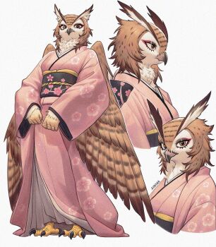 1girl artist_name beak bird_girl brown_eyes brown_feathers colored_tips eyeliner feather_hair feathered_wings feathers floral_print floral_print_kimono full_body furry furry_female highres japanese_clothes kimono looking_at_viewer makeup multicolored_hair nonoka917 obi original owl_girl pink_kimono print_kimono sash solo standing talons wings