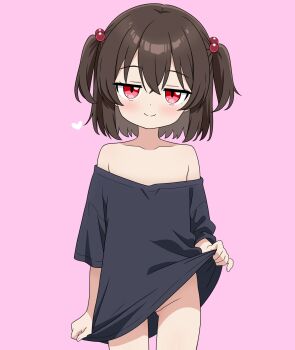 1girl bare_shoulders black_shirt blush bottomless brown_hair closed_mouth clothes_lift collarbone dot_nose flat_chest groin hair_bobbles hair_ornament heart highres jitome lifting_own_clothes loli looking_at_viewer mesugaki naked_shirt off_shoulder original oversized_clothes oversized_shirt pink_background pussy pussy_peek red_eyes shirt shirt_lift short_hair short_twintails simple_background smile solo standing take_zenni_chikuzenni twintails two_side_up