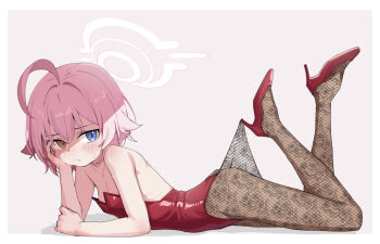 1girl ahoge arsyky14 ass bare_shoulders black_pantyhose blue_archive blue_eyes blush breasts closed_mouth flat_chest floral_print_pantyhose full_body hair_between_eyes halo hand_on_own_face head_rest heterochromia high_heels highres hoshino_(blue_archive) hoshino_(first_year)_(blue_archive) lace_pantyhose_hooked_on_heel_(meme) legs legs_up leotard looking_at_viewer lying meme on_stomach pantyhose pink_hair pink_halo red_leotard red_shoes shoes short_hair simple_background small_breasts solo strapless strapless_leotard sweatdrop the_pose white_background yellow_eyes