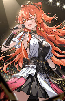 1girl absurdres adapted_costume alternate_costume arm_armor armor augusta_(wuthering_waves) black_hairband black_skirt breastplate breasts commentary cowboy_shot crowd dress english_commentary hairband highres holding holding_microphone idol indoors large_breasts long_hair looking_ahead microphone music open_mouth orange_eyes orange_hair ryeon_(naturesan) singing skirt smile solo white_dress wuthering_waves