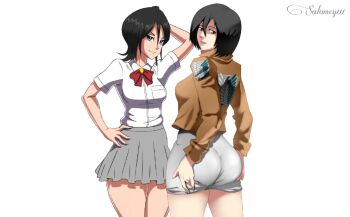 Rule 34 | ass, ass focus, bleach, female pervert, highres, kuchiki rukia, mikasa ackerman, miniskirt, model pose, pervert, school uniform, sexually suggestive, shingeki no kyojin, skirt